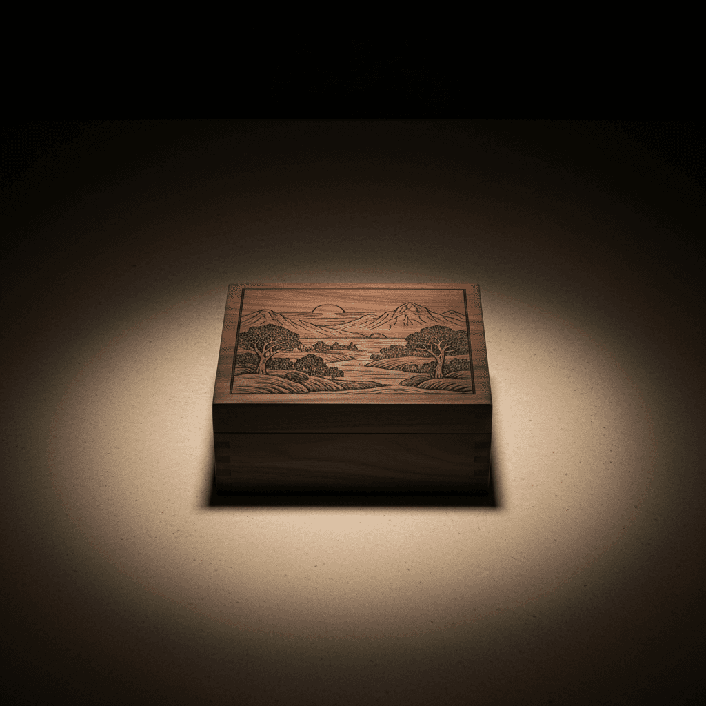 A dark wooden box with a detailed laser engraved landscape on a light surface under a spotlight