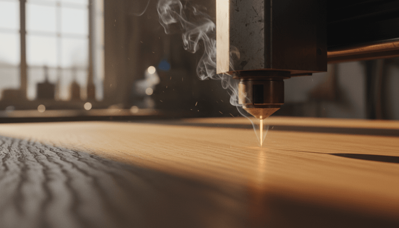 Laser engraving beam etching a detailed pattern into a wooden surface