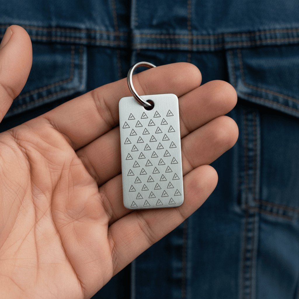 Person holding a custom engraved metal keychain in their hand outdoors