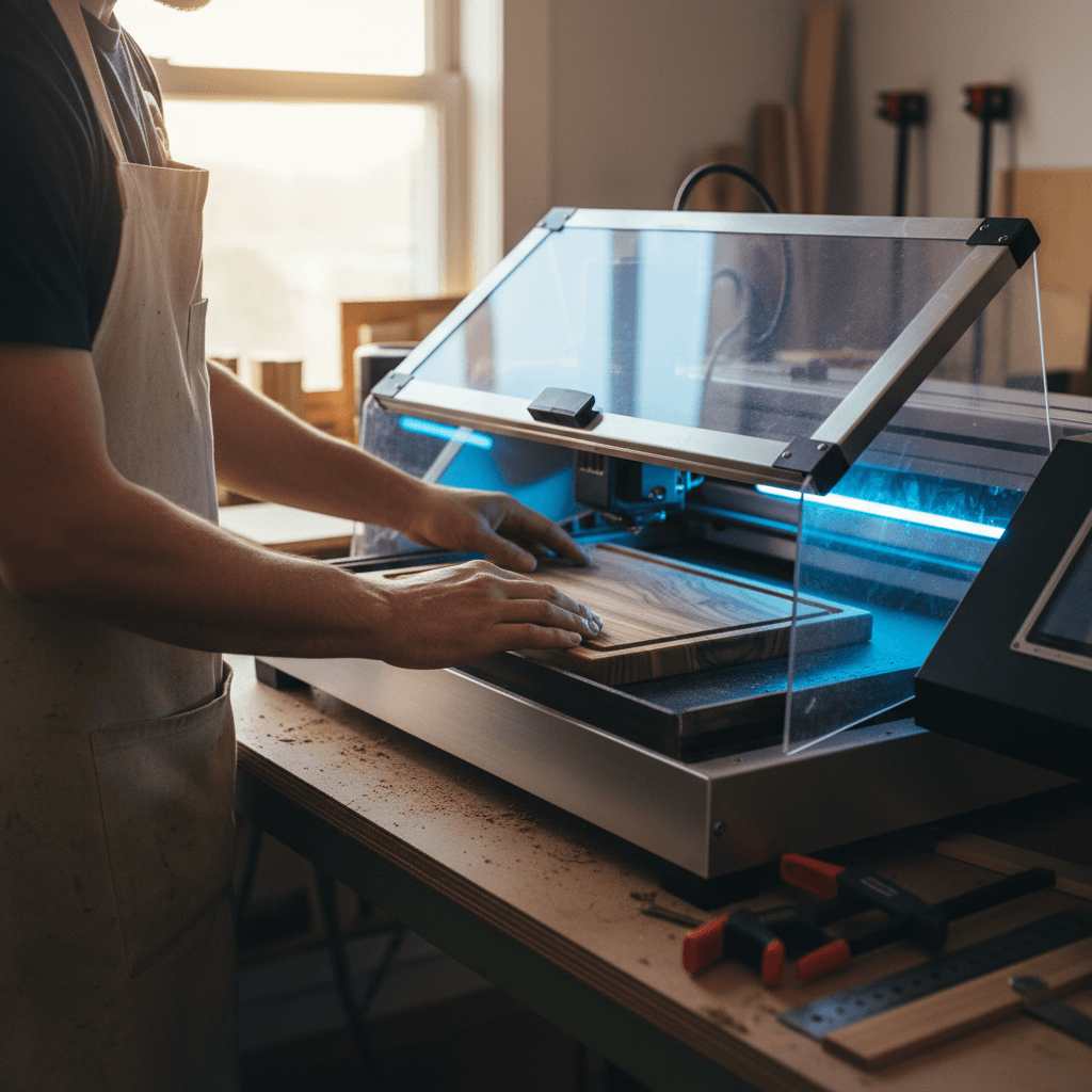 Hands positioning a wooden cutting board inside a laser engraver before starting the job