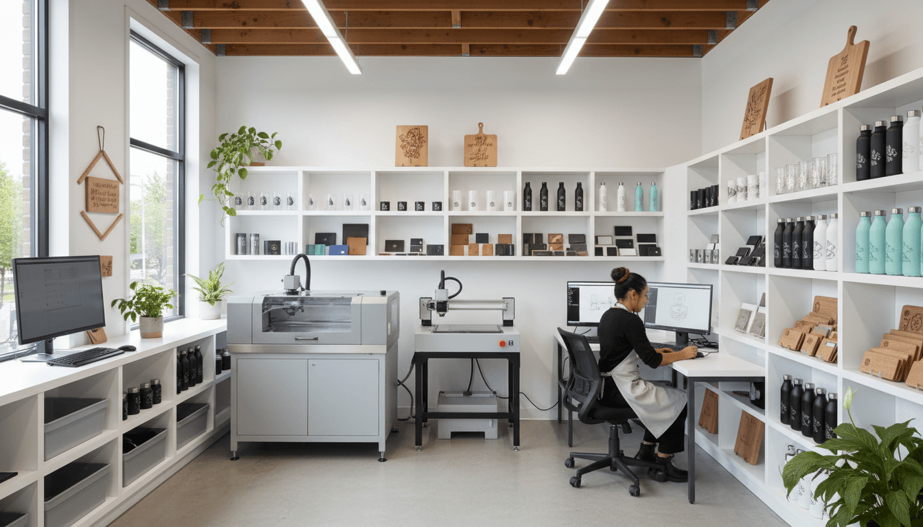 Modern engraving workshop with personalized products displayed on shelves and laser engraving equipment in operation